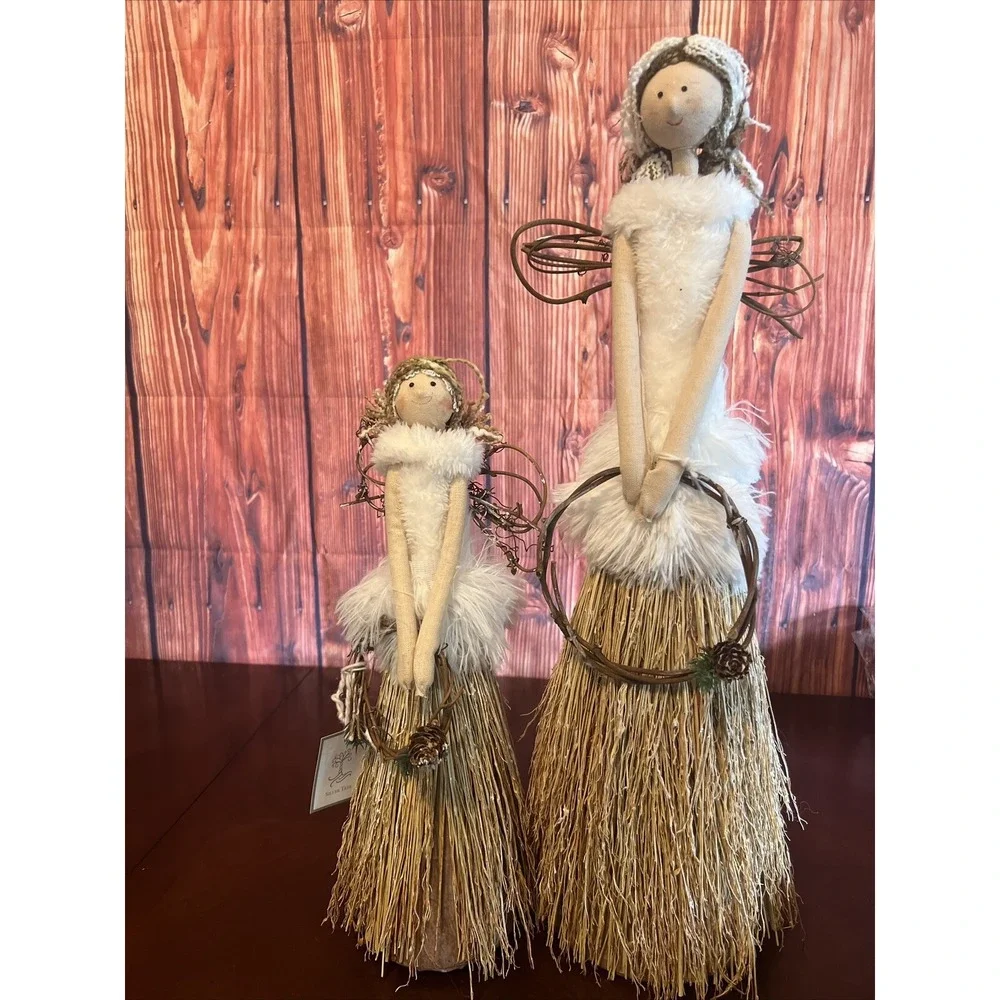 2 Silver Tree Holiday FABRIC ANGELS WITH WREATH Natural Bamboo Hand‎ Made